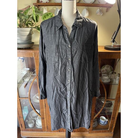 Soft Surroundings Black Chambray Denim Shirt Dress Petite Large Tunic Tencel - Picture 1 of 10